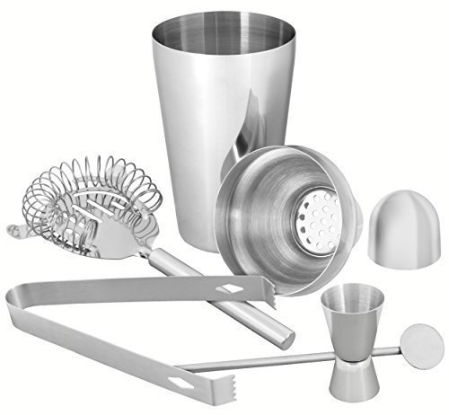 mumbi Cocktail MIXER Bar Set im gebürsteten Edelstahl Design / 5 teilig: Shaker, Sieb, Messbecher, Löffel, Zange